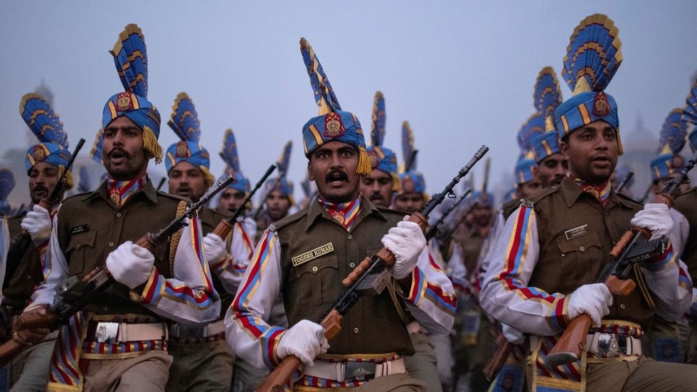 Soldiers take part in the rehearsal for the Republic Day parade