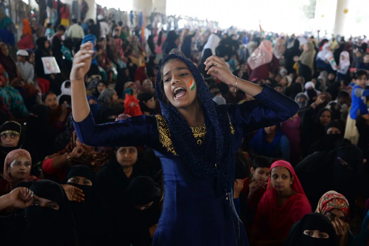 Demonstrators shout slogans during a protest against the Indian government’s Citizenship Amendment Act in New Delhi